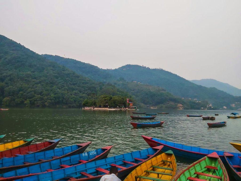 image of lakeside pokhara where boat are being seen