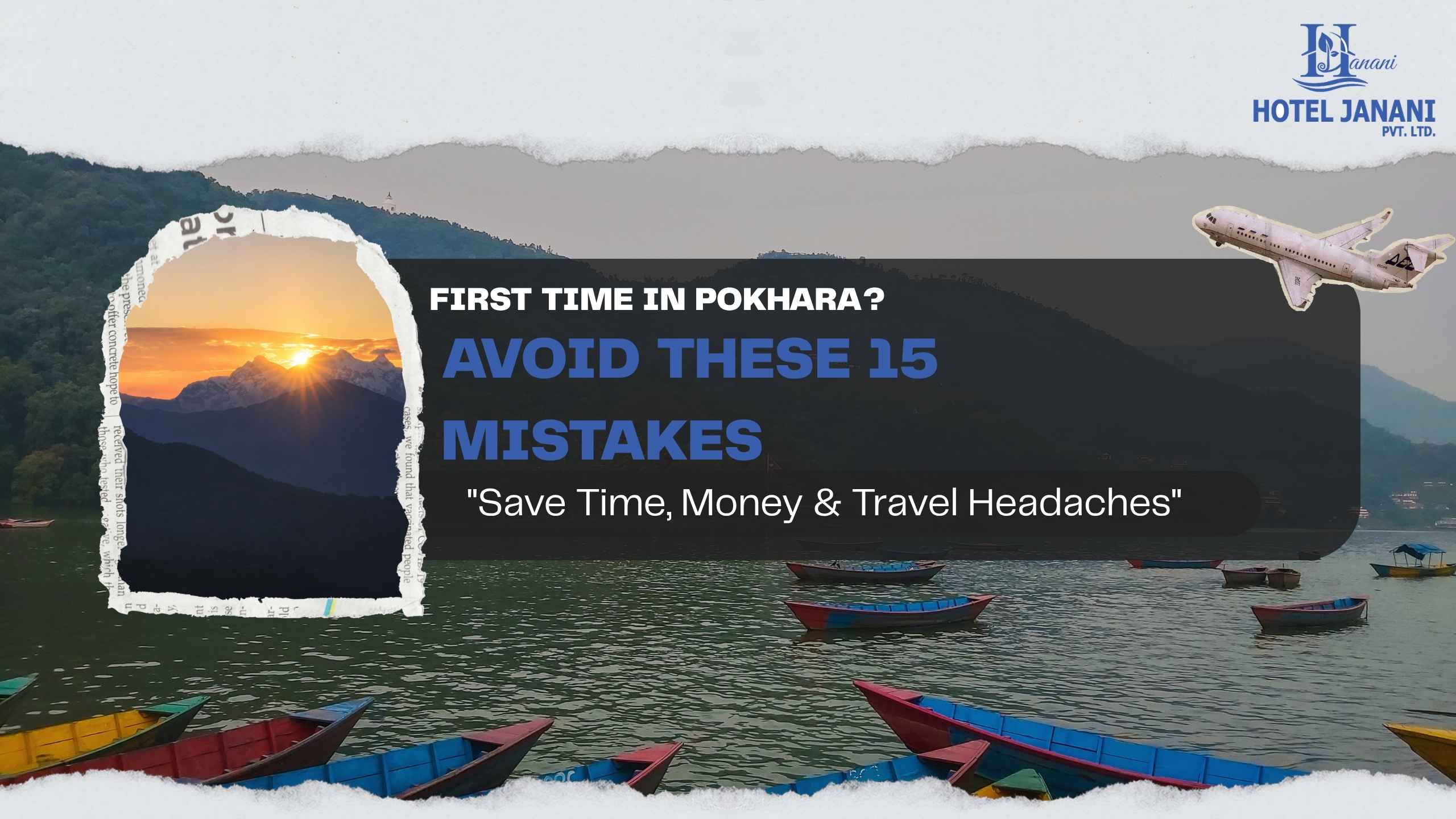 Blog banner image showing “15 mistakes in Pokhara” travel guide with scenic Pokhara background