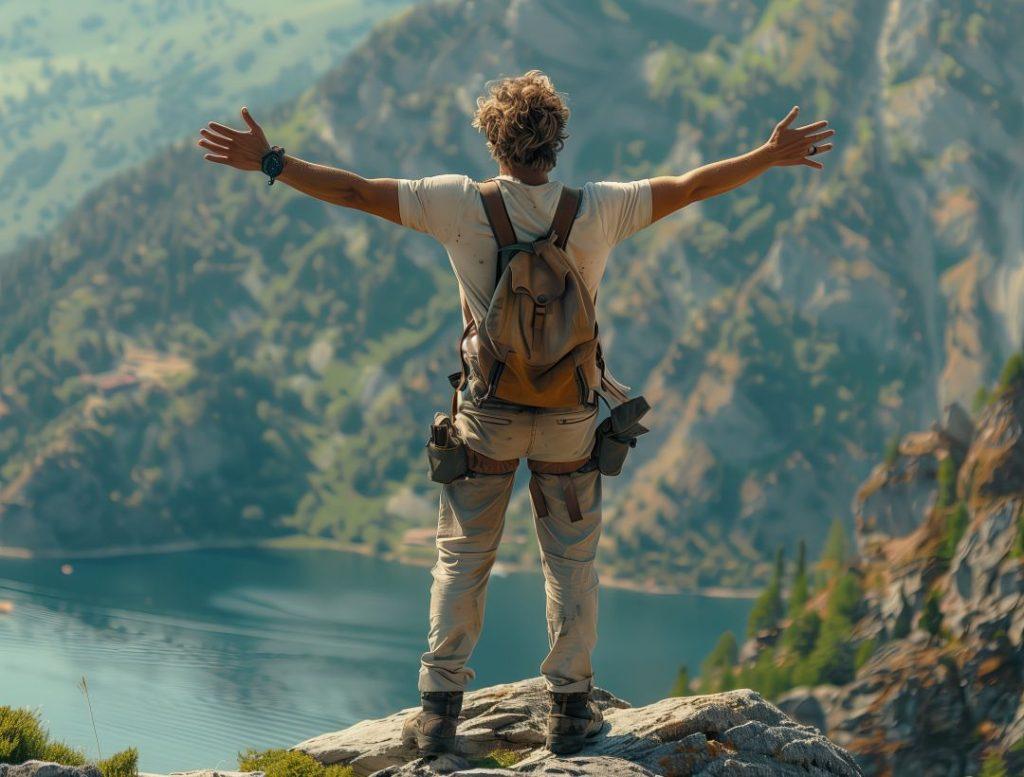 A solo traveler standing in nature with arms outstretched, embracing a scenic mountain or open landscape view
