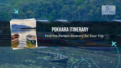 Hotel Janani Pokhara itinerary banner featuring Phewa Lake, colorful boats, and a guide to finding the perfect Pokhara travel itinerary.