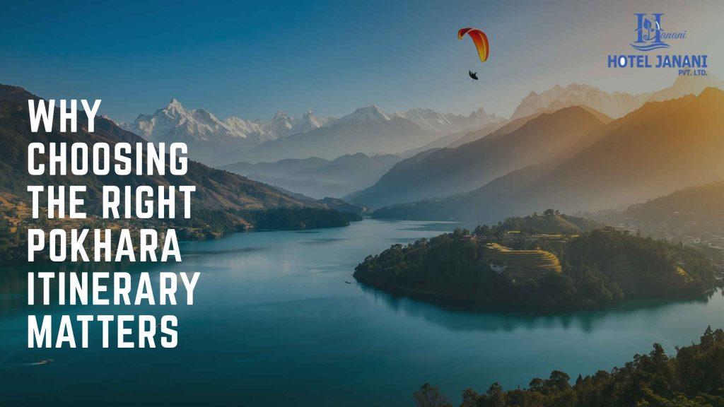 Sunrise aerial view of Phewa Lake, Pokhara, with paragliding and the Annapurna mountains for a Pokhara itinerary guide.