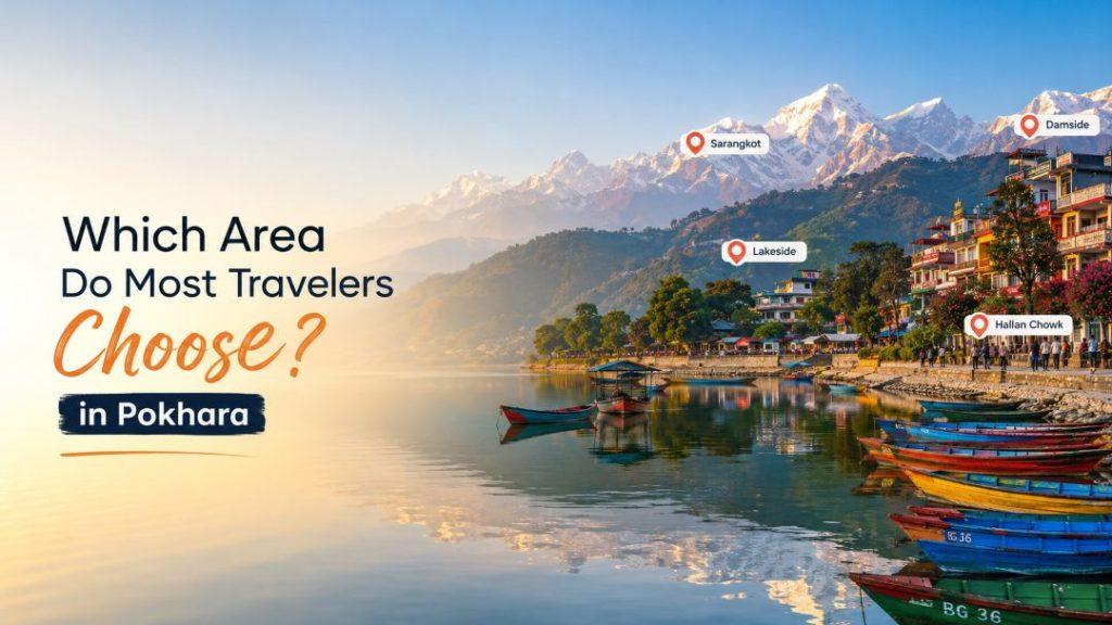 Travel guide banner showing Phewa Lake, colorful boats, Lakeside Pokhara, and the Annapurna mountains with the title "Which Area Do Most Travelers Choose in Pokhara?